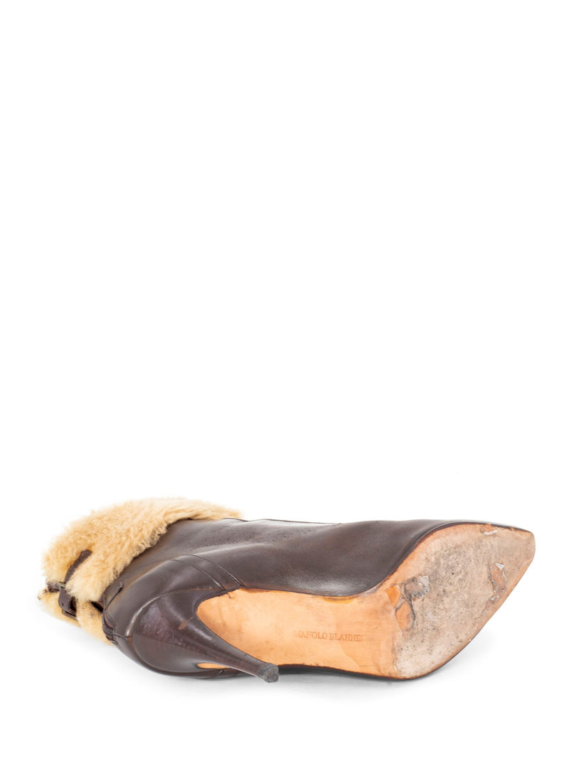 Manolo Blahnik Leather Fur Buckle Ankle Boots Brown-designer resale