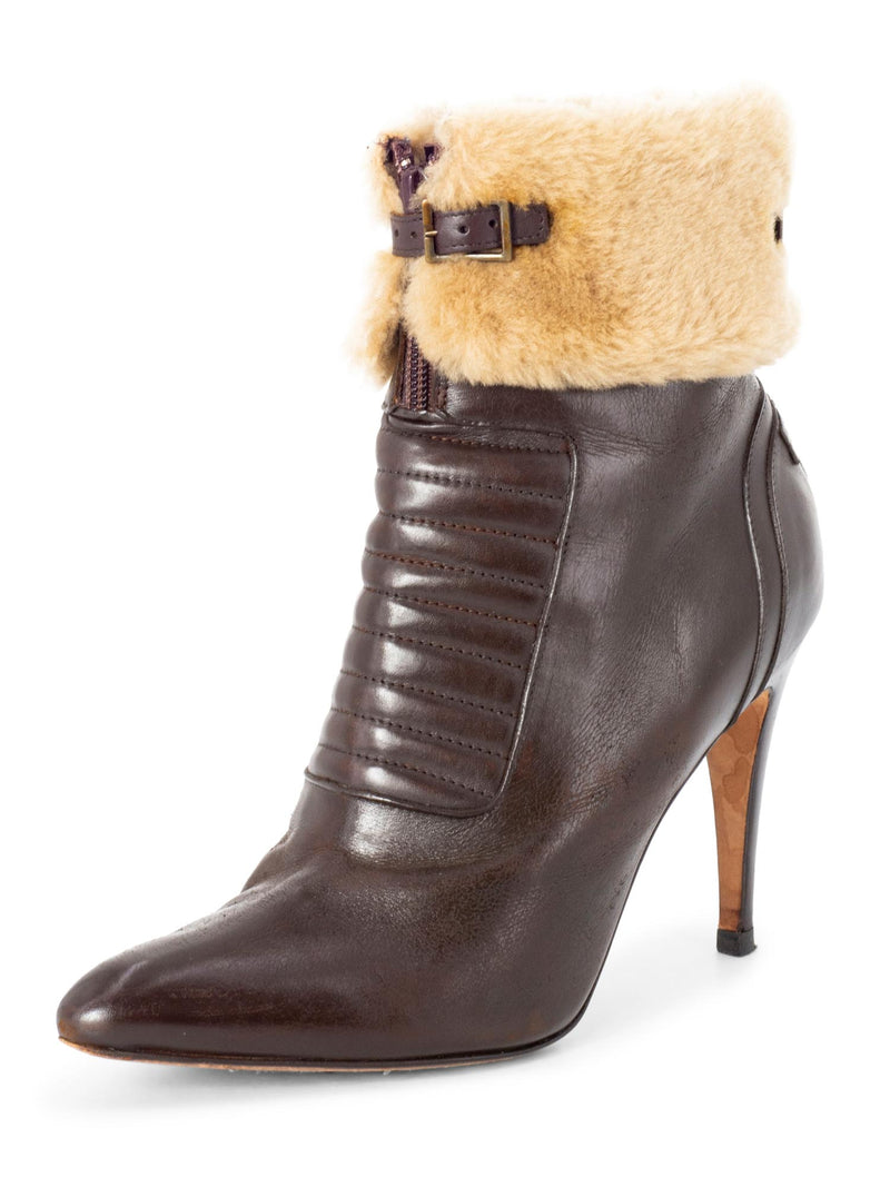 Manolo Blahnik Leather Fur Buckle Ankle Boots Brown-designer resale