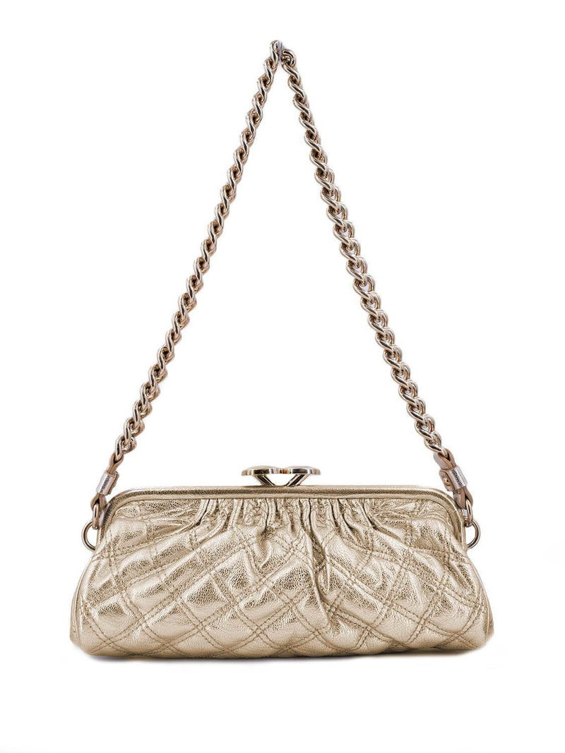 MARC JACOBS Beige and Gold Quilted Leather Lock Clutch Handbag