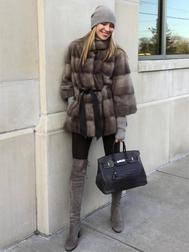 Marco Gianotti Mink Fitted Belted Coat Taupe-designer resale