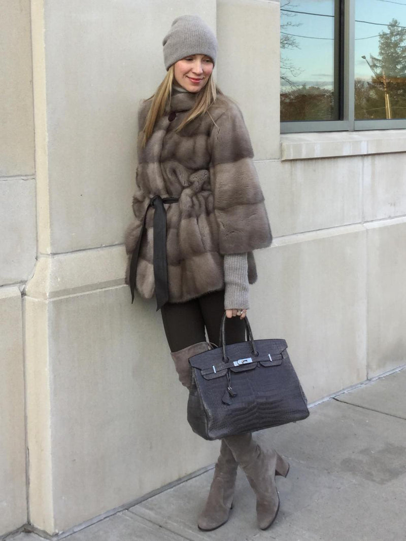 Marco Gianotti Mink Fitted Belted Coat Taupe-designer resale