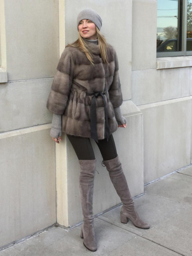 Marco Gianotti Mink Fitted Belted Coat Taupe-designer resale