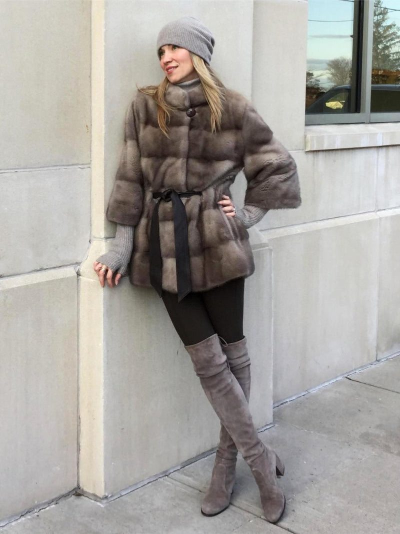 Marco Gianotti Mink Fitted Belted Coat Taupe-designer resale