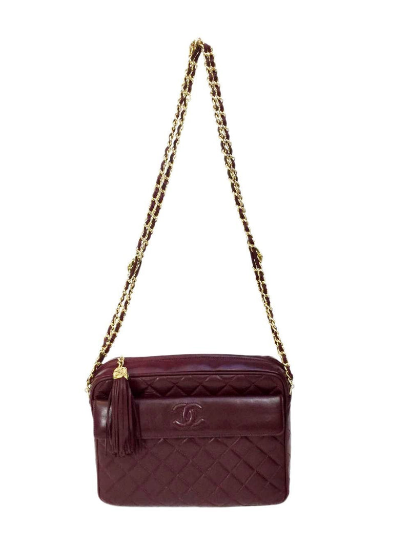 Medium Burgundy Lambskin Camera Bag Gold Hardware with Tassel-designer resale