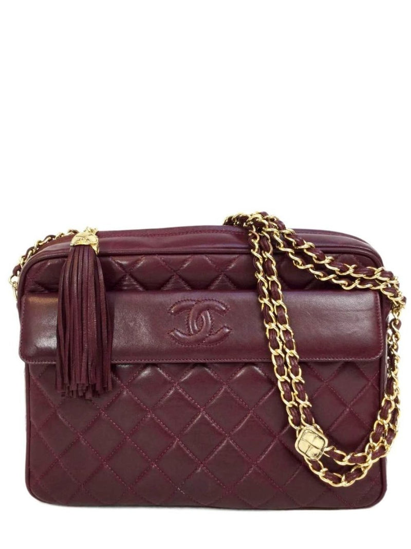 Medium Burgundy Lambskin Camera Bag Gold Hardware with Tassel-designer resale