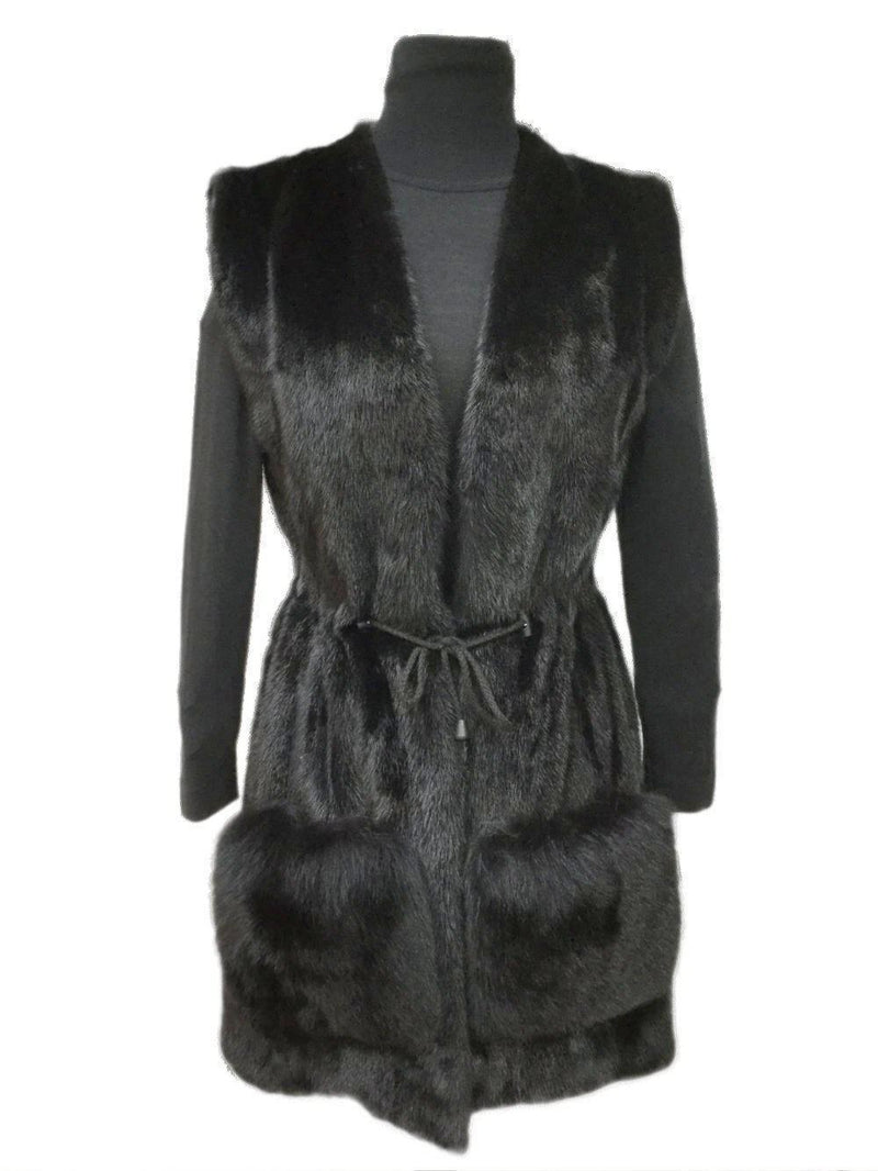 Mink Fur Long Vest Fox Pockets Black-designer resale