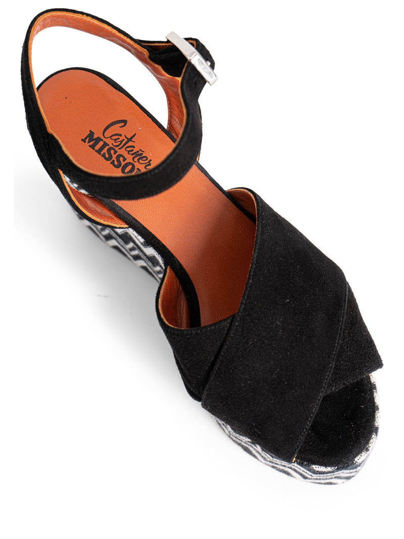 Missoni Suede Leather Zig Zag Platform Wedges Black White-designer resale