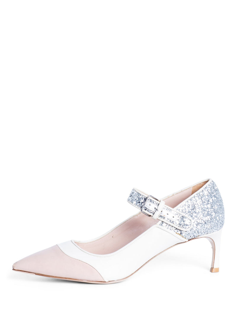 Miu Miu Leather Glitter Mary Jane Kitten Heels White Silver-designer resale