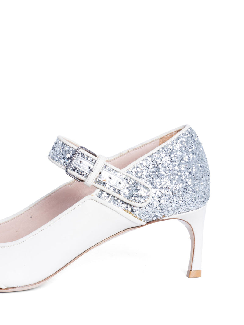 Miu Miu Leather Glitter Mary Jane Kitten Heels White Silver-designer resale