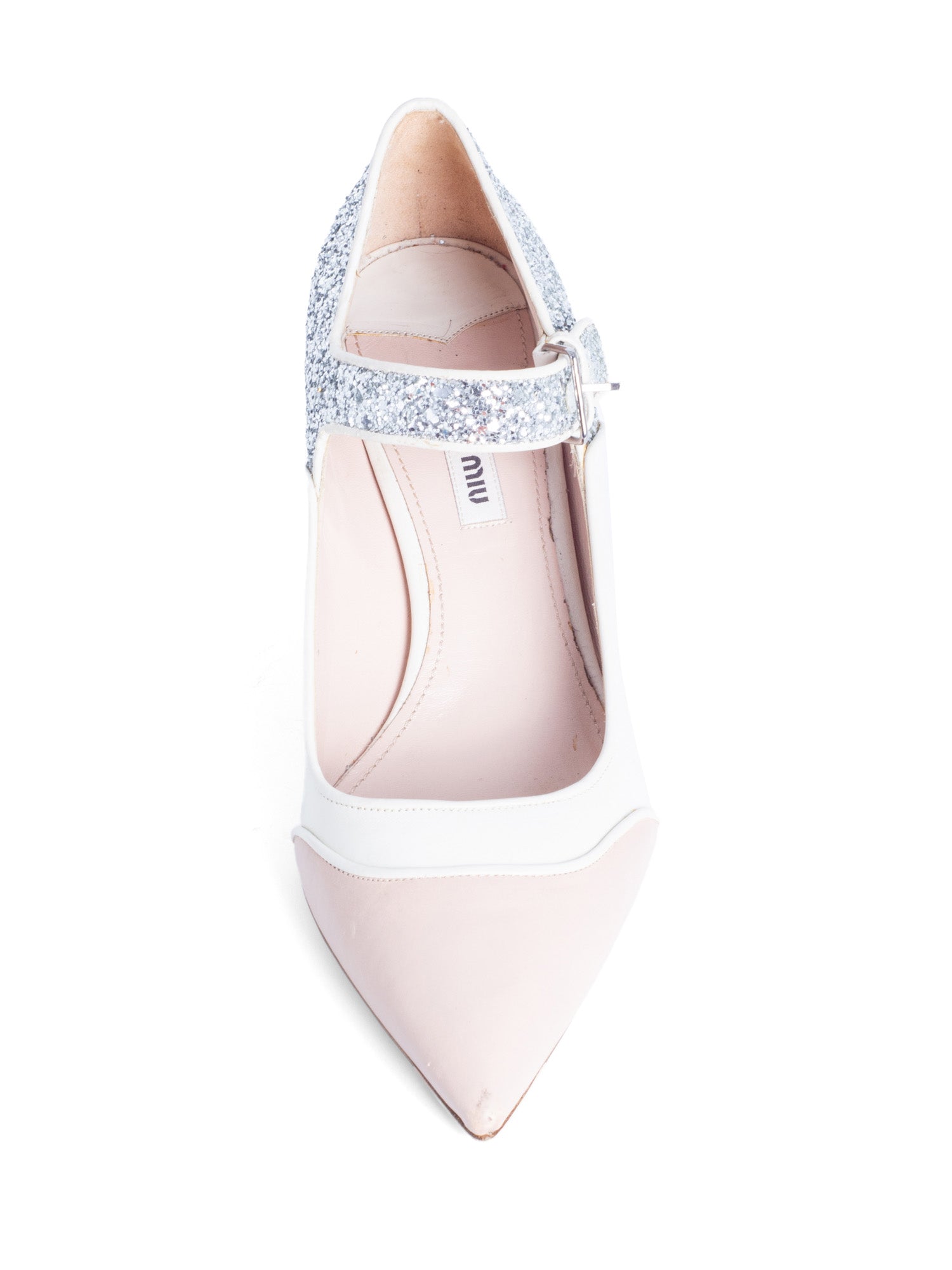 Miu Miu Leather Glitter Mary Jane Kitten Heels White Silver