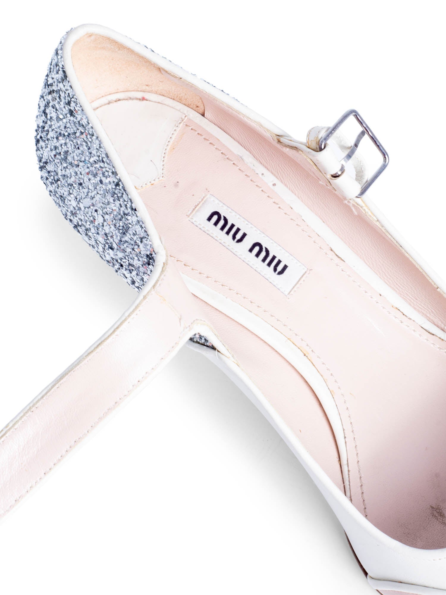 Miu Miu Leather Glitter Mary Jane Kitten Heels White Silver