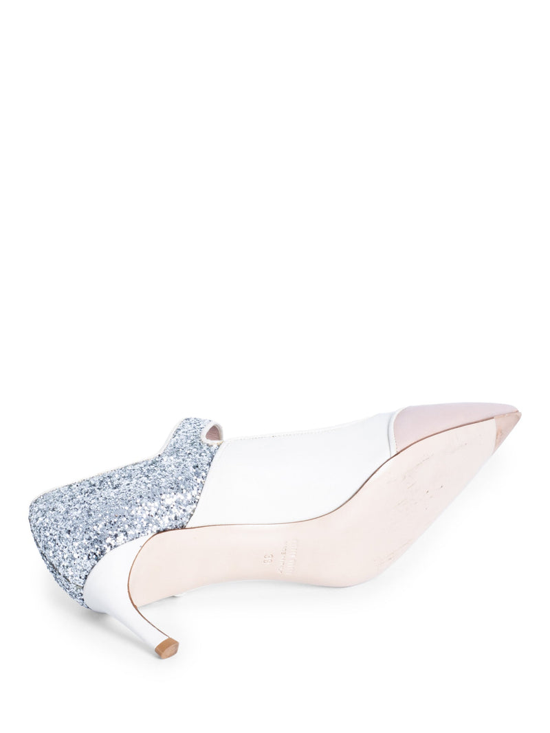 Miu Miu Leather Glitter Mary Jane Kitten Heels White Silver-designer resale