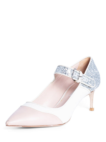 Miu Miu Leather Glitter Mary Jane Kitten Heels White Silver-designer resale