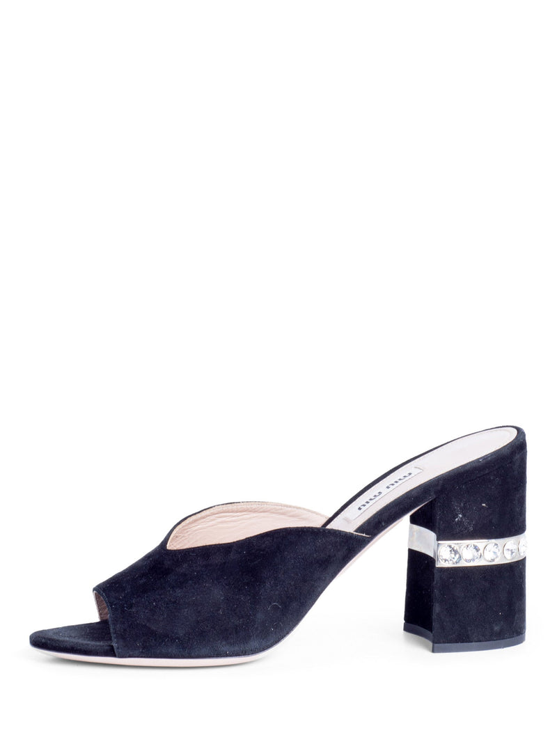 Miu Miu Suede Crystal Open Toe Block Heels Black