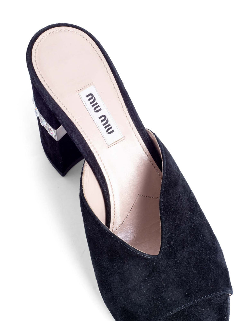 Miu Miu Suede Crystal Open Toe Block Heels Black-designer resale