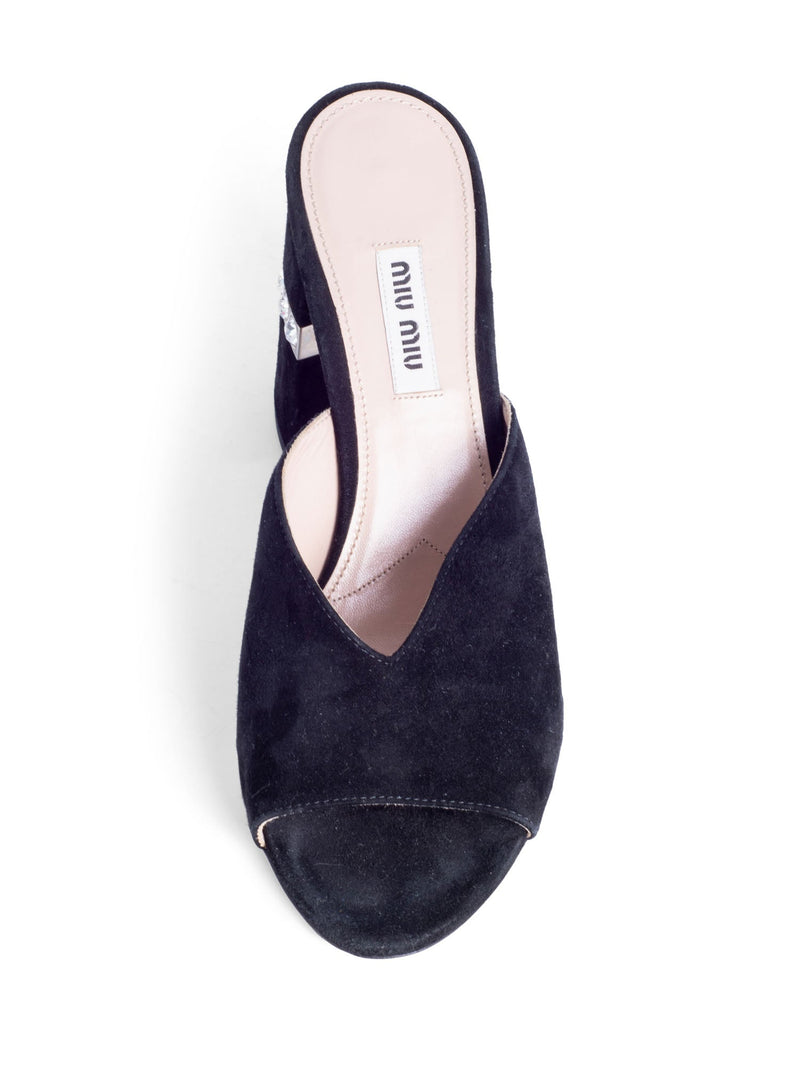 Miu Miu Suede Crystal Open Toe Block Heels Black-designer resale