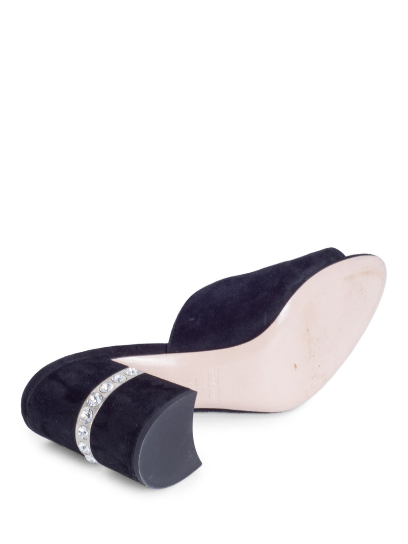 Miu Miu Suede Crystal Open Toe Block Heels Black-designer resale