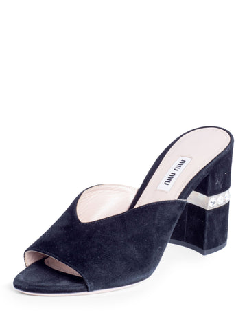 Miu Miu Suede Crystal Open Toe Block Heels Black-designer resale