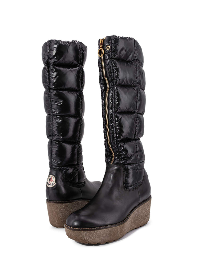 Moncler Leather Quilted Down Wedge Boots Black-designer resale