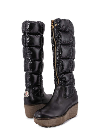 Moncler Leather Quilted Down Wedge Boots Black-designer resale