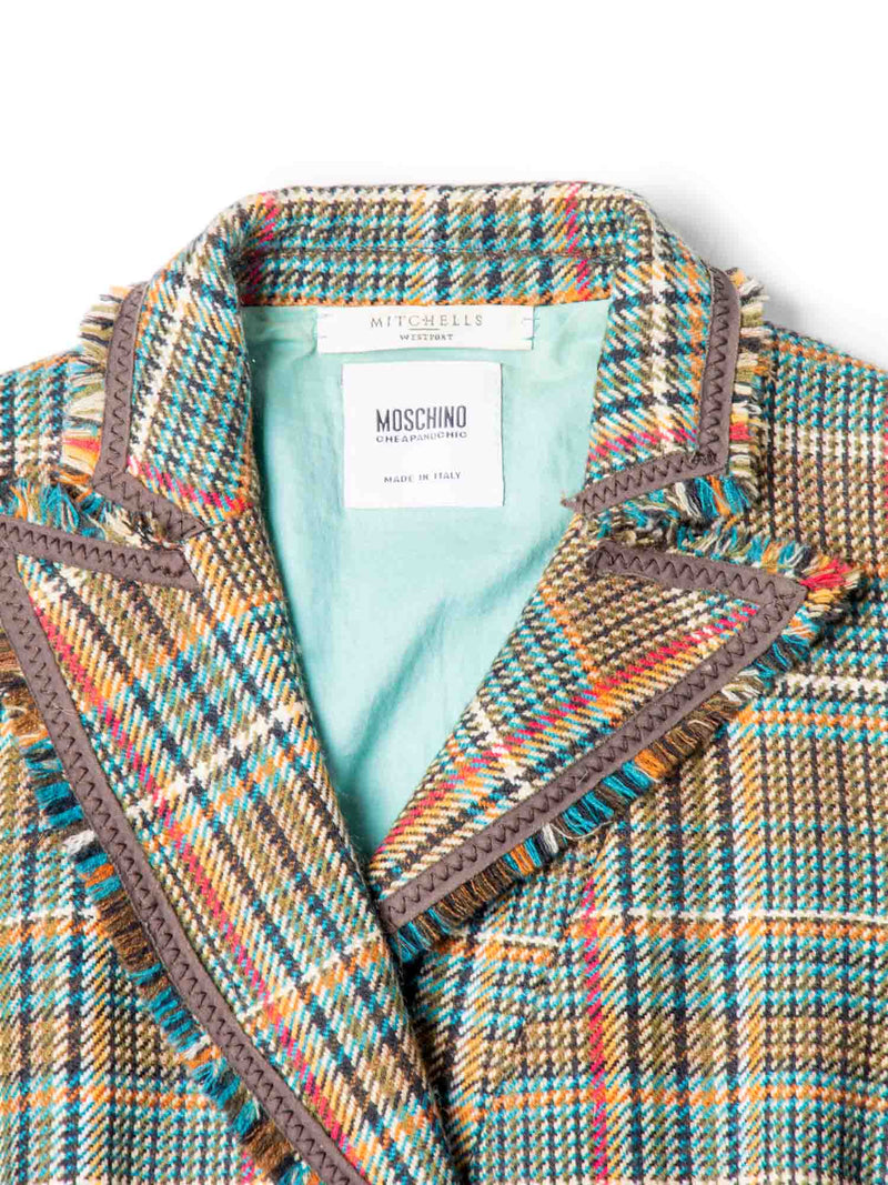 Moschino Wool Plaid Houndstooth Fringe Fitted Jacket Multicolor-designer resale