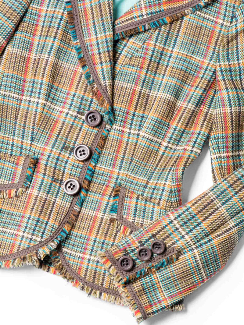 Moschino Wool Plaid Houndstooth Fringe Fitted Jacket Multicolor-designer resale