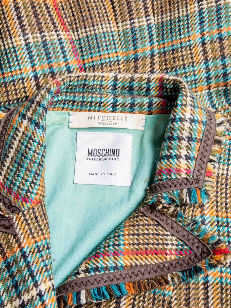 Moschino Wool Plaid Houndstooth Fringe Fitted Jacket Multicolor-designer resale