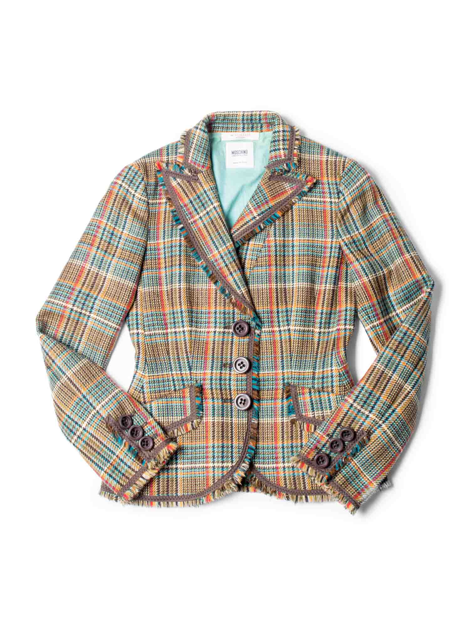 Moschino Wool Plaid Houndstooth Fringe Fitted Jacket Multicolor-designer resale