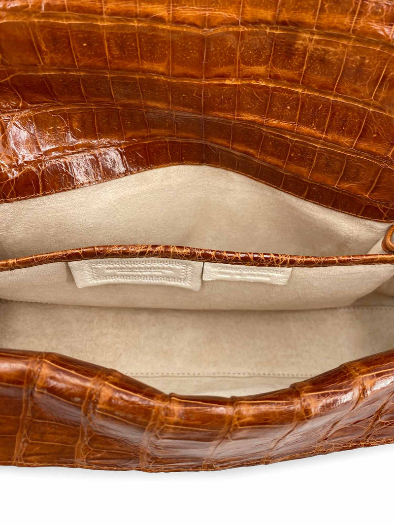 Nancy Gonzalez Shiny Crocodile Clutch Brown-designer resale