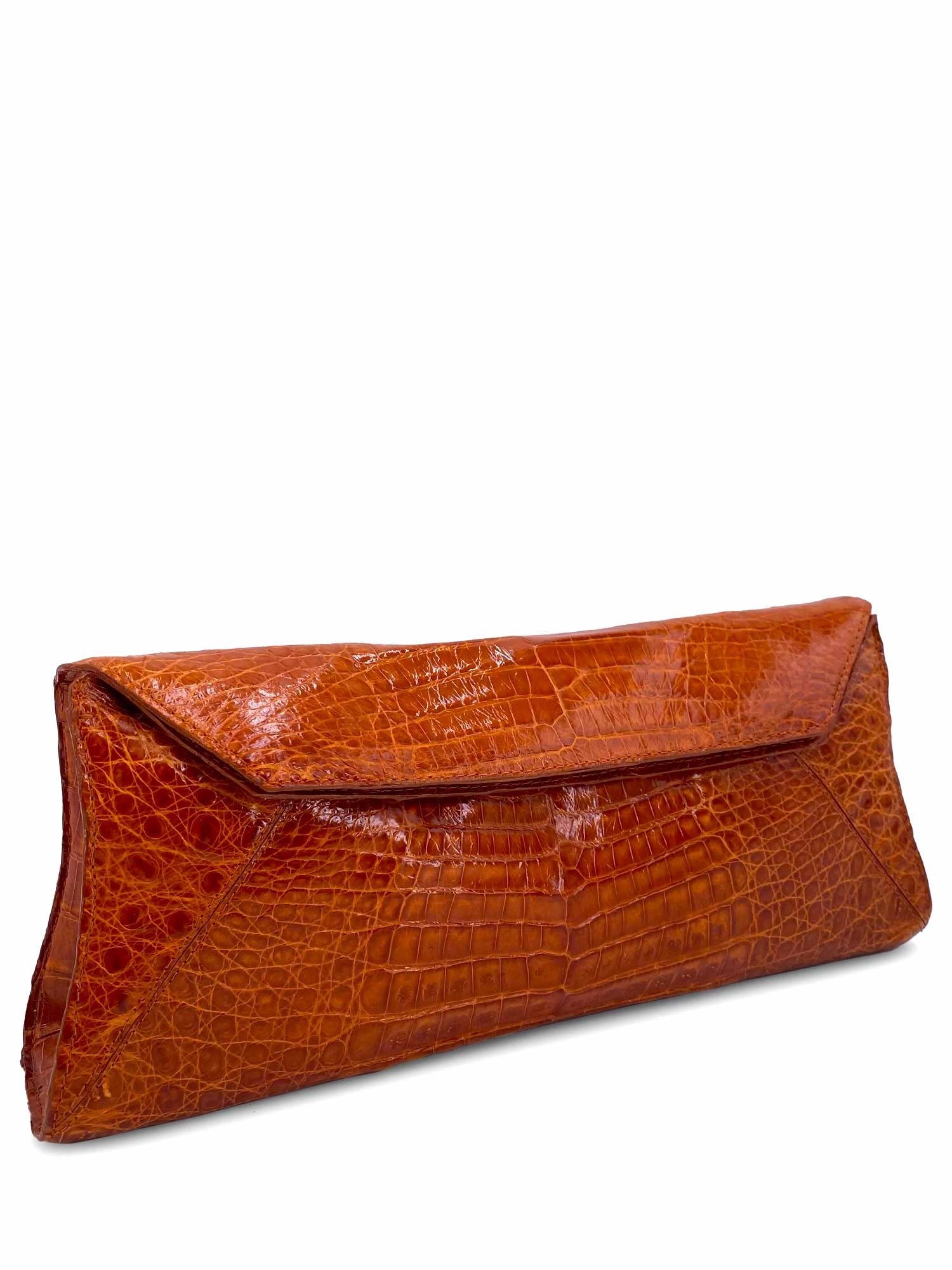 Nancy Gonzalez Shiny Crocodile Clutch Brown-designer resale