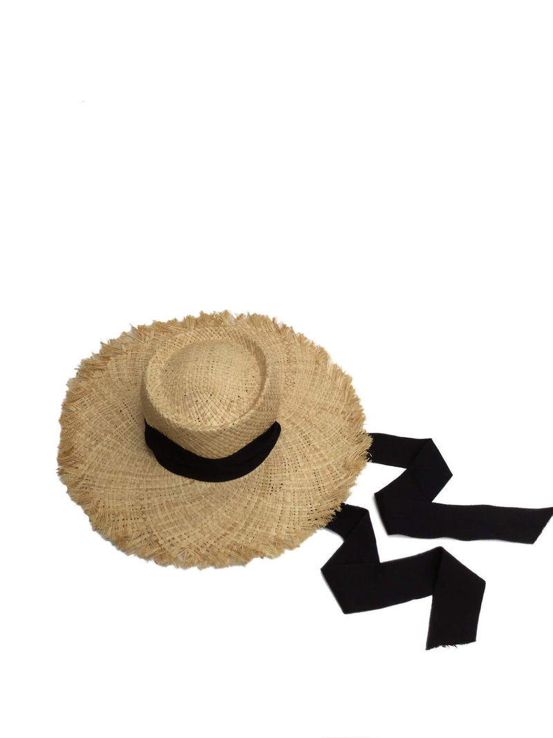 Natural Woven Straw Sun Hat Black Chin Tie-designer resale