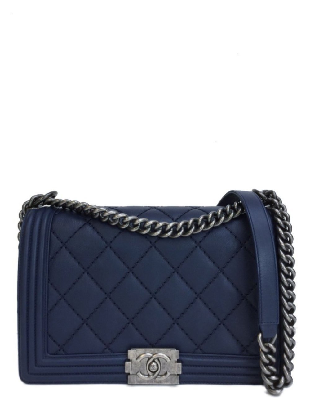 New Medium Navy Calfskin Boy Flap Bag Ruthenium Hardware-designer resale