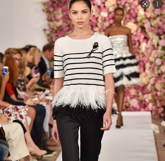 Oscar De La Renta Knit Striped Sequin Ostrich Feather Top White-designer resale