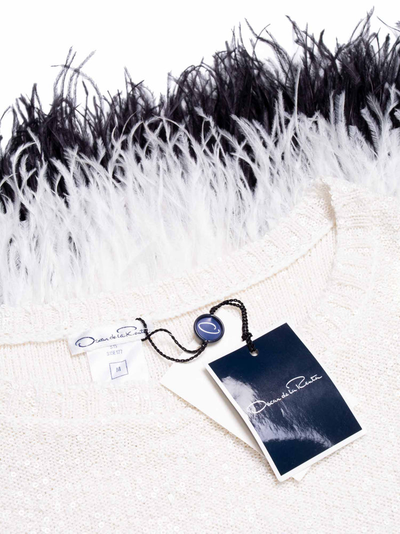 Oscar De La Renta Knit Striped Sequin Ostrich Feather Top White-designer resale