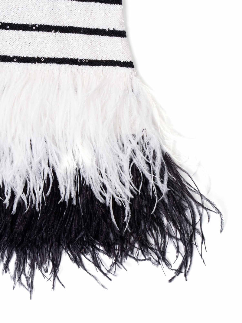 Oscar De La Renta Knit Striped Sequin Ostrich Feather Top White-designer resale