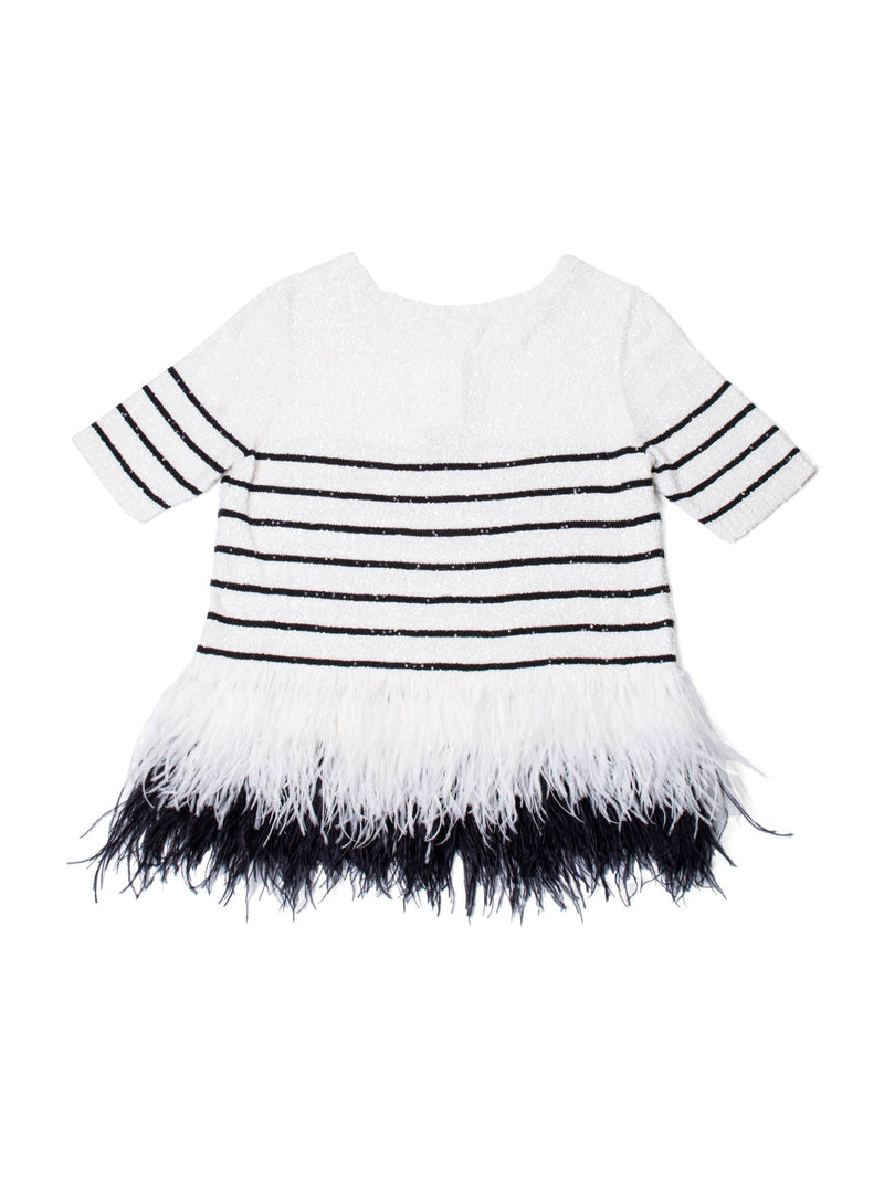 Oscar De La Renta Knit Striped Sequin Ostrich Feather Top White-designer resale