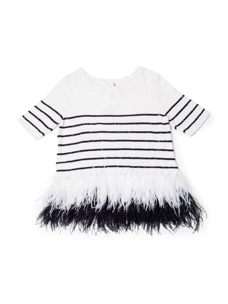 Oscar De La Renta Knit Striped Sequin Ostrich Feather Top White-designer resale