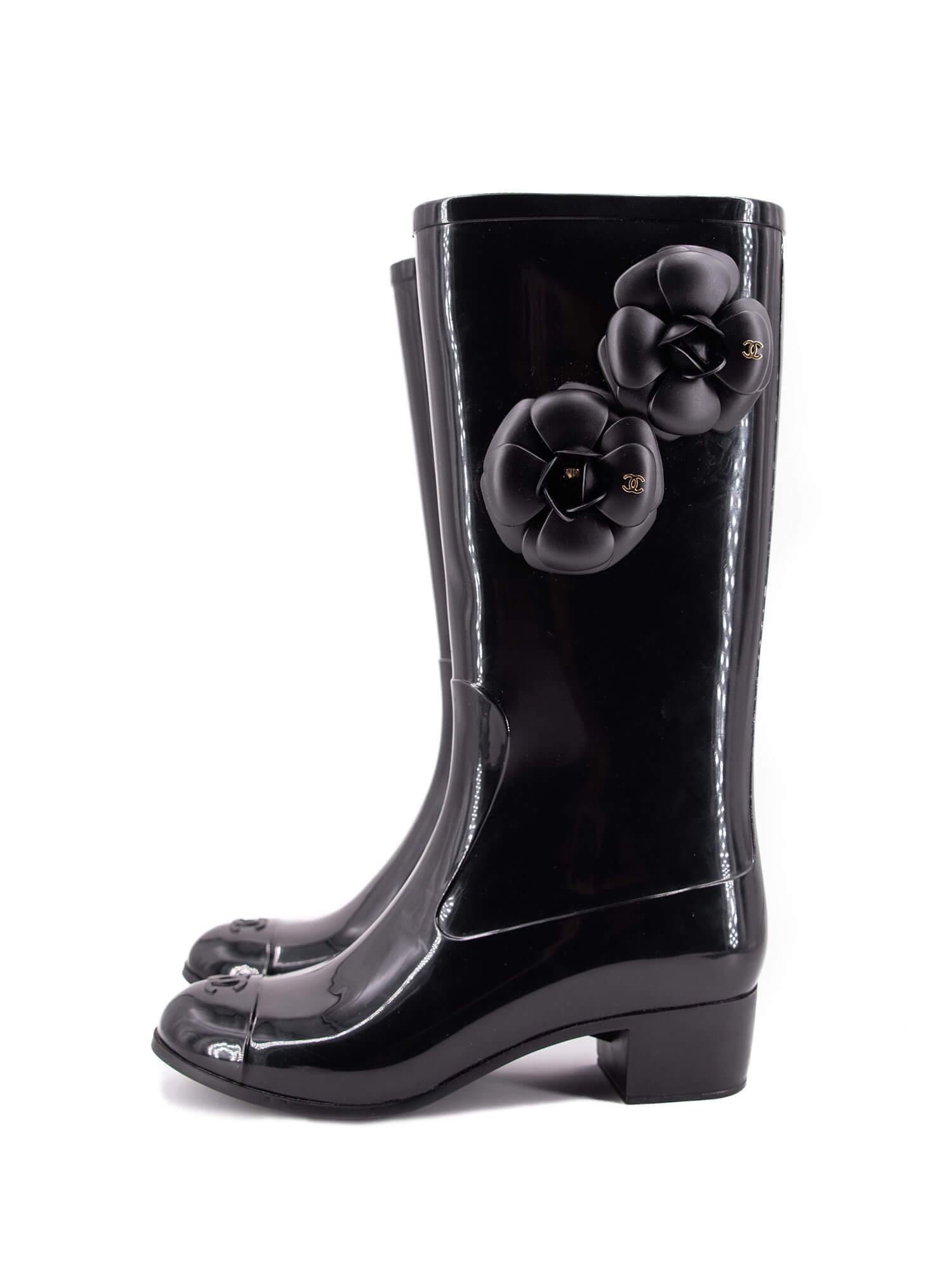 Patent Leather Camelia Rain Boots Black-designer resale