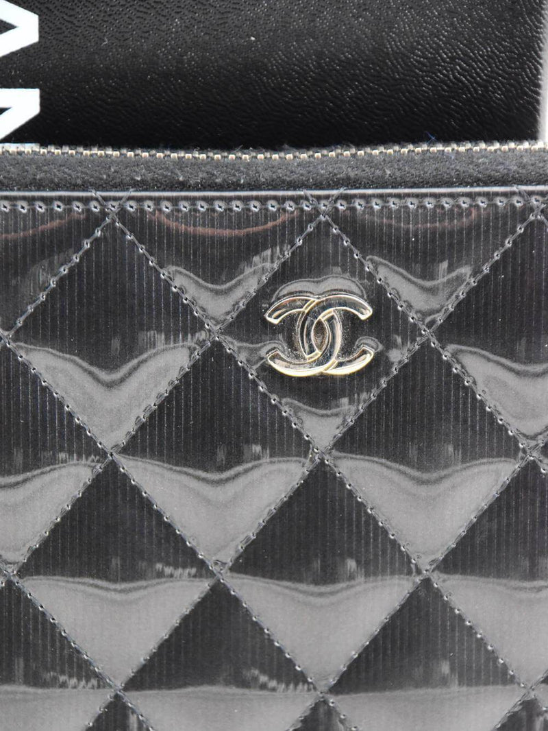 Patent Quilted Large Zip Around Wallet Black-designer resale