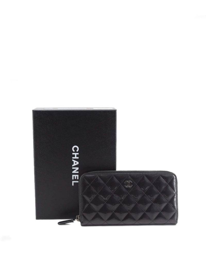 Patent Quilted Large Zip Around Wallet Black-designer resale