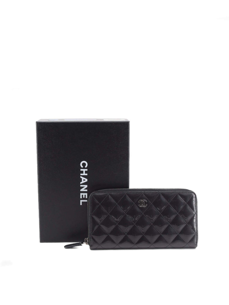 Patent Quilted Large Zip Around Wallet Black