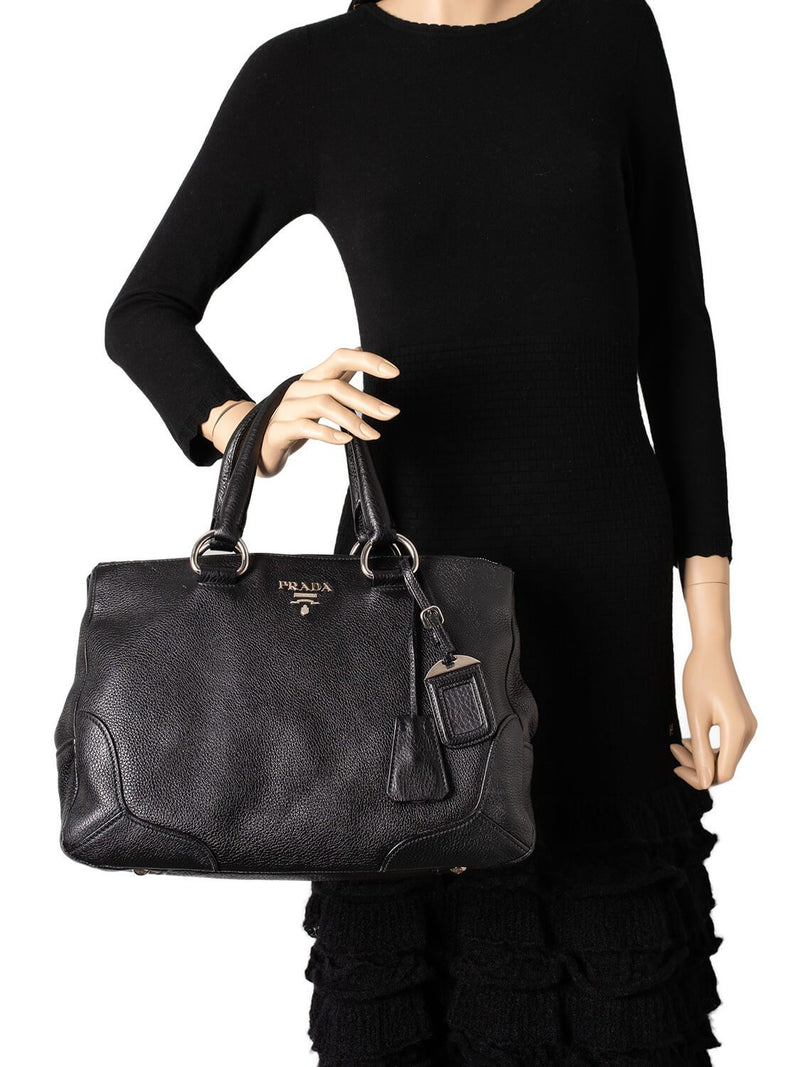 Prada Diano Vitello Leather Shopper Bag Black-designer resale