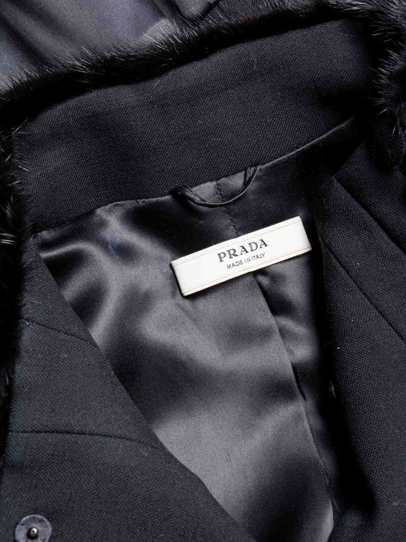 Prada Genuine Mink Fur Collar Wool Fitted Jacket Black-designer resale