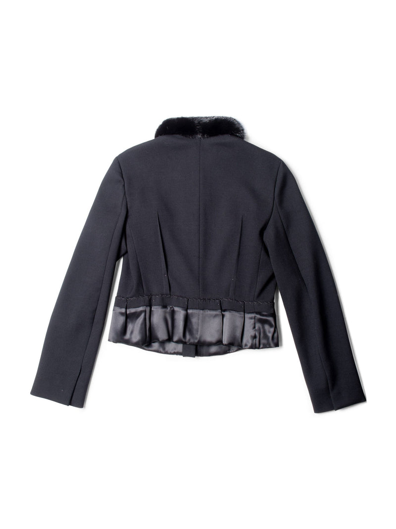 Prada Genuine Mink Fur Collar Wool Fitted Jacket Black-designer resale
