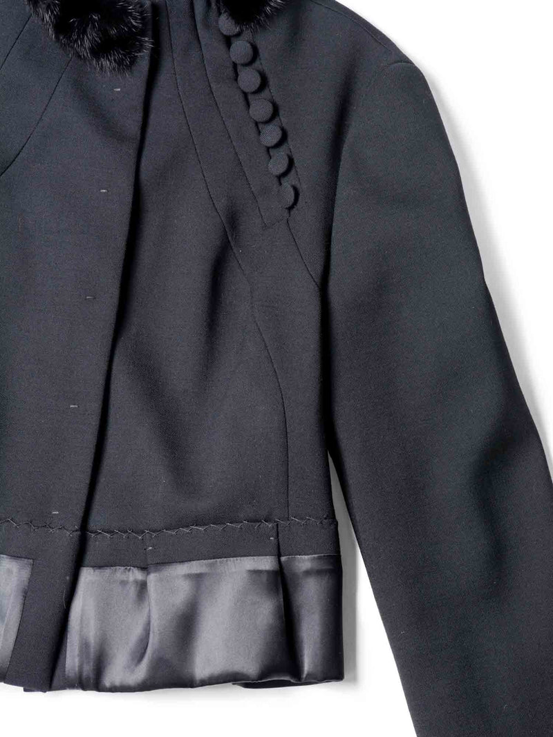 Prada Genuine Mink Fur Collar Wool Fitted Jacket Black-designer resale