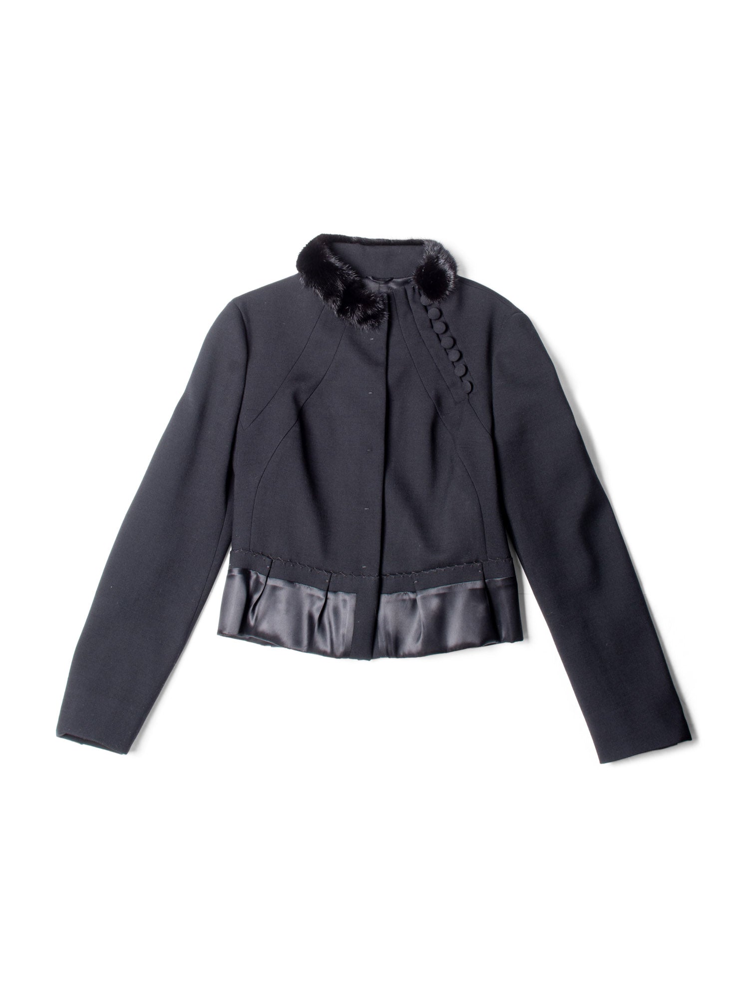 Prada Genuine Mink Fur Collar Wool Fitted Jacket Black-designer resale