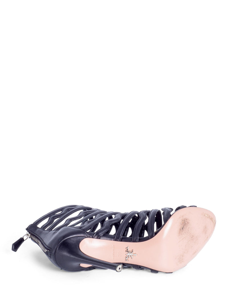Prada Leather Cut Out Open Toe Heels Black-designer resale