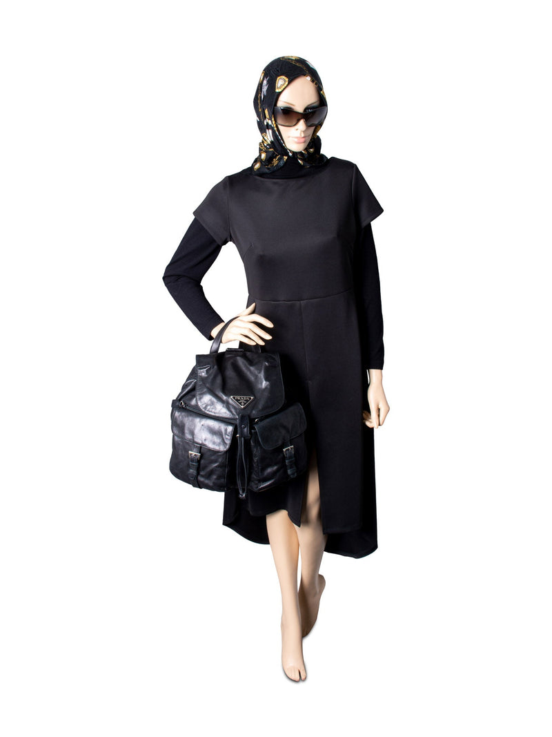 backpack leather women black pockets prada Prada Leather Double Pocket Drawstring Backpack Black
