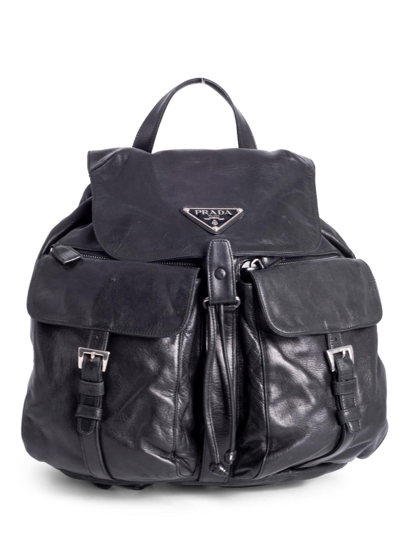 Prada Leather Double Pocket Drawstring Backpack Black-designer resale