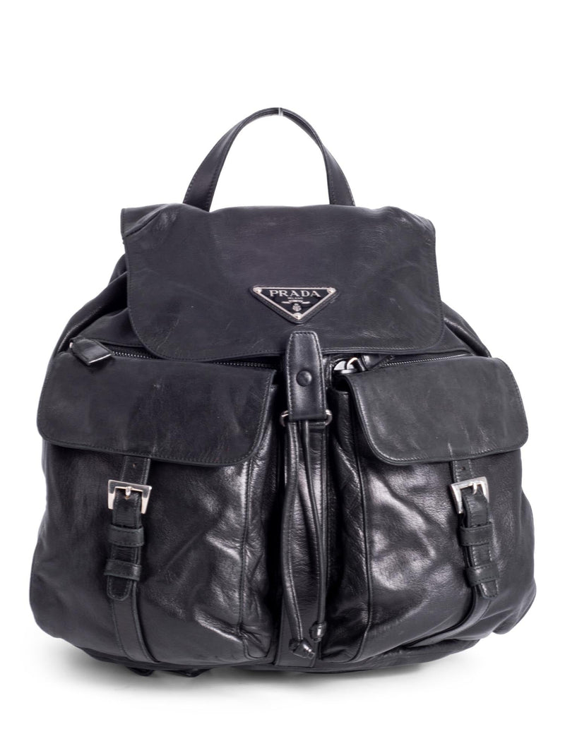 drawstring backpack black leather Prada Leather Double Pocket Drawstring Backpack Black